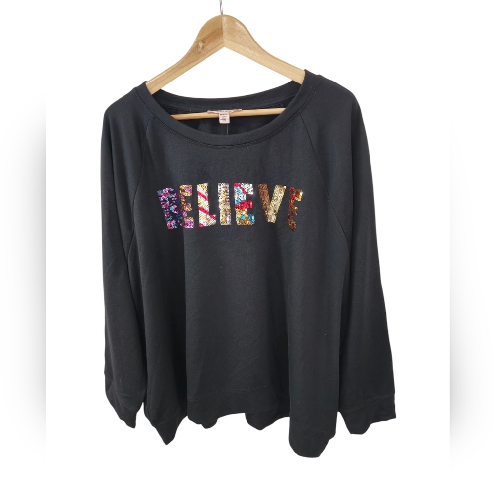 NWT Philosophy Republic Woman Sequins Believe Black Soft Stretch Top Size 3X